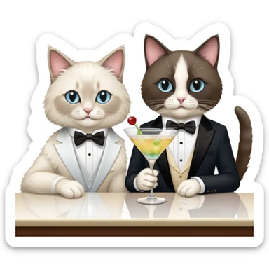 One ragdoll cat and one tuxedo cat drinkingi martinis at the bar sticker