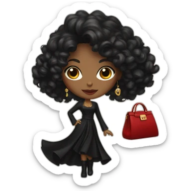 a woman with a long black dress, red boots, black open  coat, red bag, gold jewelry, curly  black hair, blue eyes sticker