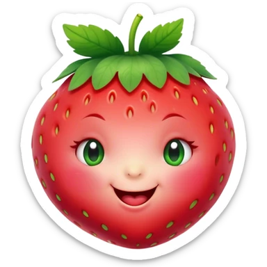 Cinematic plump happy strawberry, glossy bright red, tiny round eyes and blushing cheeks, green leafy top slightly tilted, cheerful and charming. sticker