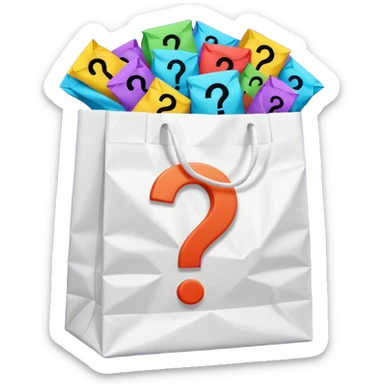 white goodiebag with questions mark boxes stuffed in it sticker