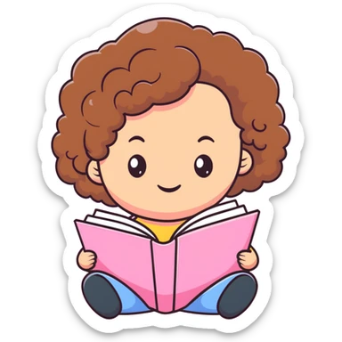 girly character with brown soft curly hair reading a pink book sticker