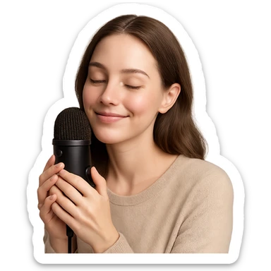 realistic person with microphone, experiencing ASMR, gentle smile, soft color palette, high definition, smooth edges sticker
