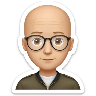 Oval-faced man with large forehead, aviator glasses, completely bald sides with extremely short dark curly hair only on crown, light brown skin, friendly neutral expression, black shirt sticker