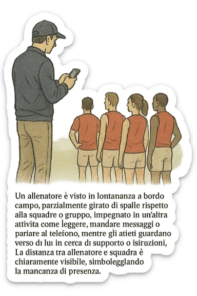 a coach is seen far away on the sidelines, partially turned away from the team or group, engaged in another activity (like reading, texting, or talking on the phone), while the athletes look toward them for support or instruction. The distance between coach and team is visually clear, symbolizing lack of presence. in italiano sticker