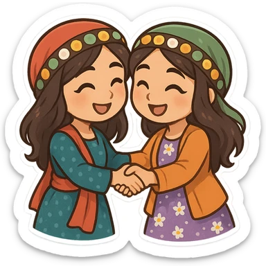 cartoon two Kurdish women in traditional Kurdish clothing friendly greeting with hug or handshake, colorful and cheerful, no text, sticker style suitable for WhatsApp and Instagram sticker