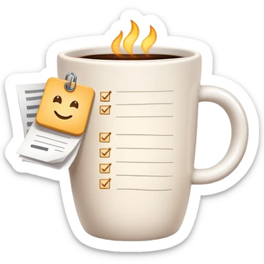 Coffee cup and checklist note connected by a glowing link or chain, showing habit stacking sticker
