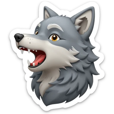 emoji of a wolf howling, head tilted upward with open mouth, small sound lines near the mouth to show the howling action, simple cartoon style sticker