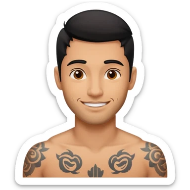 A man in tattoos handsome with flirty smile till legs black hair, bristle  sticker