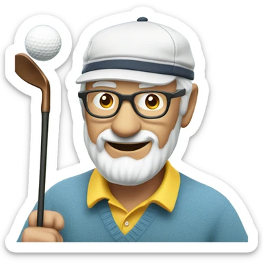 smiling elderly man in glasses swinging a golf club and wearing a cap sticker