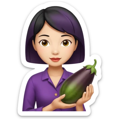 Vietnamese lady with short hair holding eggplant sticker
