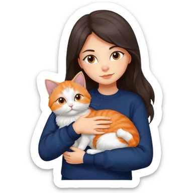a girl with long dark brown hair, in a navy sweater, hugs a persian peaknose grey cat and persian peaknose orange and white kitten sticker