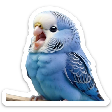 Cinematic Cute Yawning Blue Budgie Portrait Emoji, Head tilted slightly with a dramatic, wide-open yawn, showcasing a soft, downy blue feathered fur with gently drooping wings, round dark eyes barely open in drowsy contentment, Simplified yet irresistibly adorable features, highly detailed, glowing with a soft, cozy glow, high shine, relaxed yet expressive, stylized with a touch of whimsy, bright and endearing, soft glowing outline, capturing the essence of a sleepy yet affectionate budgie, so drowsy it feels like it could stretch out of the screen and curl up for a nap! sticker