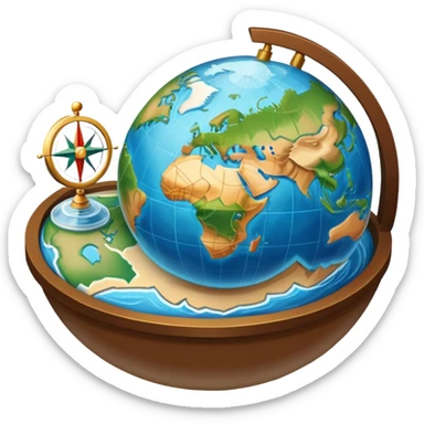 An icon featuring a globe, a compass, and a map, symbolizing geography. The design includes mountain ranges, rivers, and continents, representing the study of Earth’s landscapes and environments. Transparent background highlights the exploration and understanding of the world’s geography. sticker