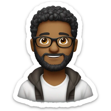 moreno, pelo negro, ojos marrones oscuro, un poco de granos, tengo barba, pelo rizado corto degradado bajo, con gafas sticker