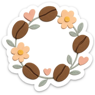 coffee bean floral wreath with heart accents, hand-drawn pastel design sticker