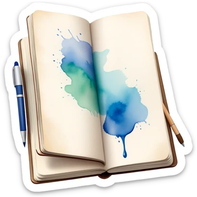 Cinematic Realistic image of an open sketchbook accompanied by a set of translucent watercolors, with delicate pigment stains and soft, flowing brushstrokes, captured under gentle, diffused lighting that highlights creative fluidity sticker