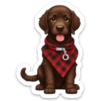 A chocolate colored doodle with a red and black flannel handkerchief holding his leash in his mouth sticker