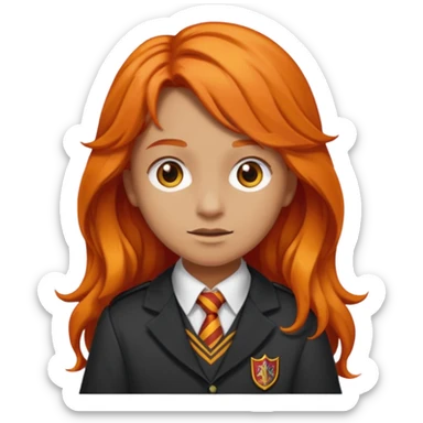 A iphone emoji with long wavy fierce orange hair and hazel eyes, wearing Gryffindor school uniform sticker
