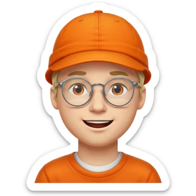 white young man in glasses with an orange cap, winking sticker