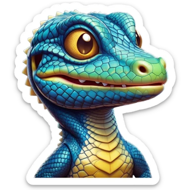 Cinematic Comical Monitor Lizard Portrait Emoji, Head tilted dramatically with an exaggeratedly shocked expression, featuring a robust, patterned body with wide, comically expressive eyes full of humorous disbelief, Simplified yet hilariously expressive features, highly detailed, glowing with a slightly sassy glow, high shine, dramatic yet playful, stylized with an air of quirky reptilian attitude, soft glowing outline, capturing the essence of a meme-worthy monitor lizard that looks ready to side-eye its way into viral fame! sticker