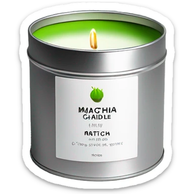 matcha scented candle in a silver tin with a small white label realistic sticker