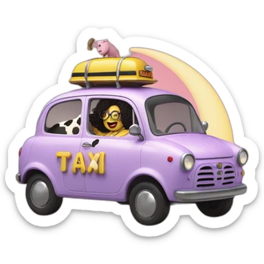 Oprah is mr blobby with a sword eating a live cow in a yellow taxi on the moon sticker