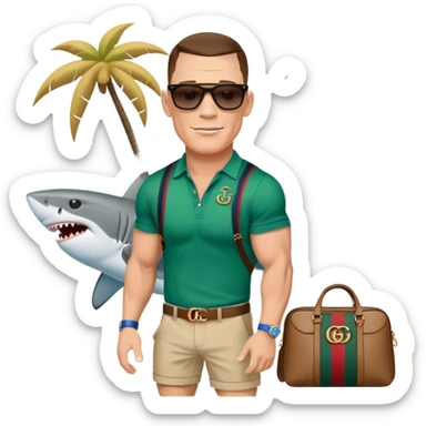 John Cena wearing Gucci sunglasses and a Gucci bag at the beach in Florida on a shark sticker