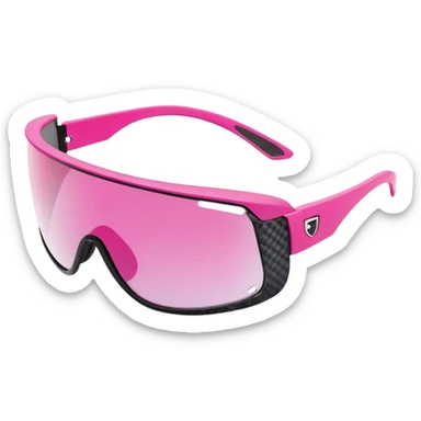 sporty pink shield visor sunglasses with thick frame with carbon fiber appearance, lightweight yet chunky design, substantial build, one-piece lens with hydrophobic coating sticker