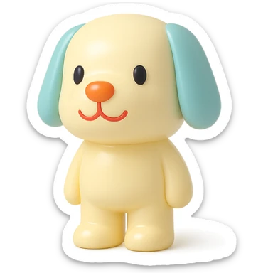               Transform {subject} into a soft vinyl figure with a smooth, glossy surface. The material should look slightly rubbery and tactile, with minimalistic curves and a matte-gloss hybrid finish. Use pastel or soft solid colors. The surface is seamless, with no visible textures or roughness. Studio lighting, vibrant background, clean, playful, designer toy aesthetic and no shadows. {subject} = dog, make sure the mouth has nice outlines sticker