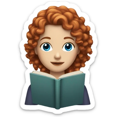 white woman with curly red hair blue eyes and a book sticker