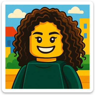 Transform the face in the reference image into a LEGO minifigure head and upper body, preserving the hair and smile. Render in a bright, playful LEGO style with vibrant colors and simple, blocky shapes typical of LEGO minifigures. sticker