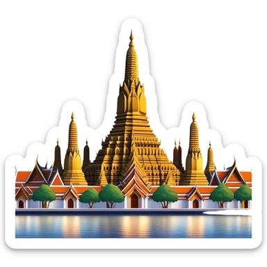 Cinematic Realistic Wat Arun Landmark Emoji, depicted with majestic temple spires illuminated against twilight rendered with intricate detail and soft, ethereal lighting. sticker