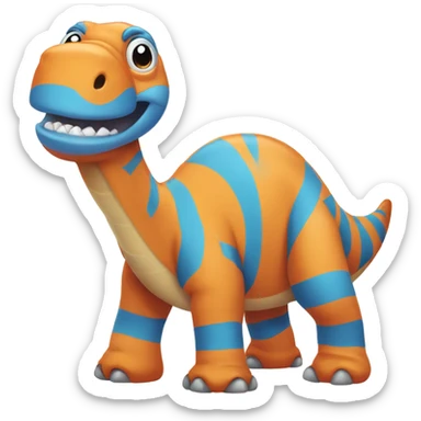 orange brontosaurus with blue stripes on his back looking happy sticker