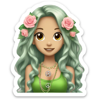 hime gyaru girl, hippie, long brunette hair with roses in hair, crystal jewelry, green top, peace sign hand logo sticker