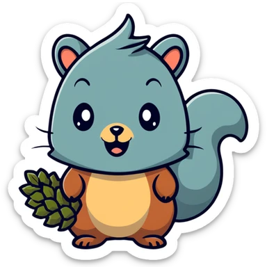 A greedy little squirrel with a big pine cone on top of its head, showing a strange facial expression, wide eyes sticker