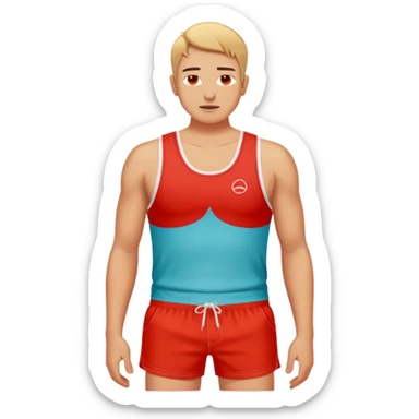 image of person in swimshorts which is sunburned - the skin is red, on the person chest it should be white (as a white outline of a tank top)  sticker