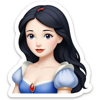 Cinematic Radiant Snow White Portrait Emoji, rendered in a realistic, vector style with clean proportions. Show Snow White with a soft, welcoming smile, delicate porcelain skin, and neatly arranged raven hair, wearing her timeless dress. The image radiates a warm, inviting glow, high shine, and is enhanced by a soft glowing outline that accentuates her gentle beauty. sticker