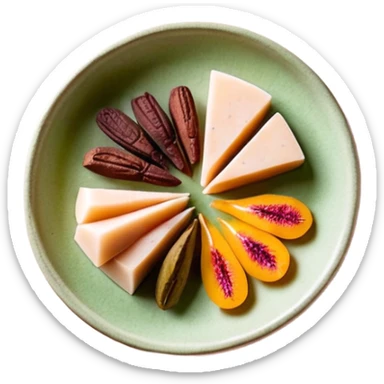 Una composición de arte en miniatura, estilo flat lay: un trozo de manteca de Karité o cacao cruda con una pequeña ramita de oliva y pétalos de rosa seca alrededor. Colores: tonos tierra, verde oliva y crema. Estilo: orgánico y de estudio fotográfico. Fondo suave. sticker