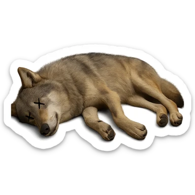 Make the wolf appear dead, lying on its side with cartoon X's for eyes, no blood, keep the exact same photorealistic style and details, transparent background. sticker