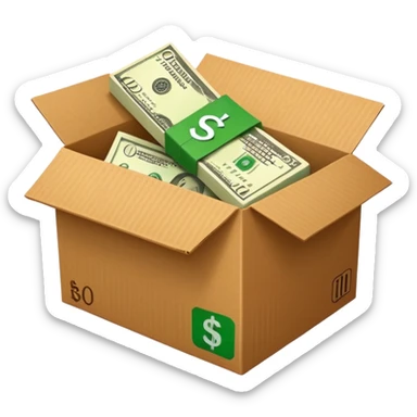 a shipping box with a single green cash bill with a dollar sign on it in front of it sticker