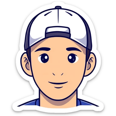 man 30 years old, hair coming out from under cap, with diastema sticker