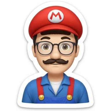 person with glasses, short dark hair, mustache and beard, dressed as Mario from Super Mario sticker