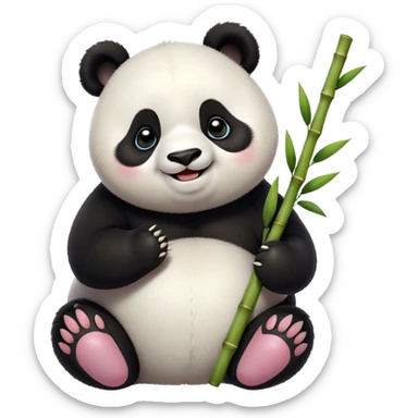 Cinematic smiling chubby panda, fluffy black and white fur, round rosy cheeks, tiny paws holding a bamboo shoot, sparkling eyes full of joy, soft glowing background, irresistibly huggable. sticker