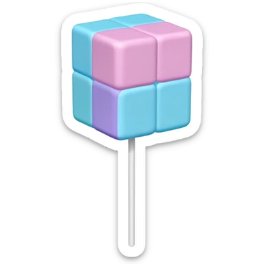 Pastel cube lollipop with stacked blocks like a cotton candy in pink, purple, blue, and cyan. Textured, voxel-style, on a white stick. sticker