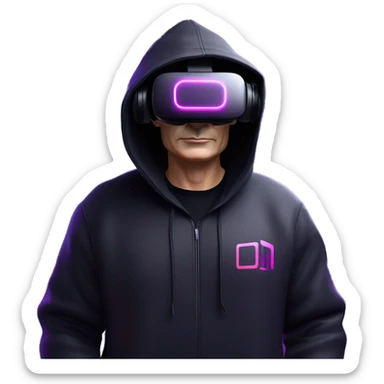 Vladimir Putin wearing a black hoodie with "OMG" letters on it and VR headset oculus quest 2 in a cyberpunk VR environment with violet neon lighting. sticker