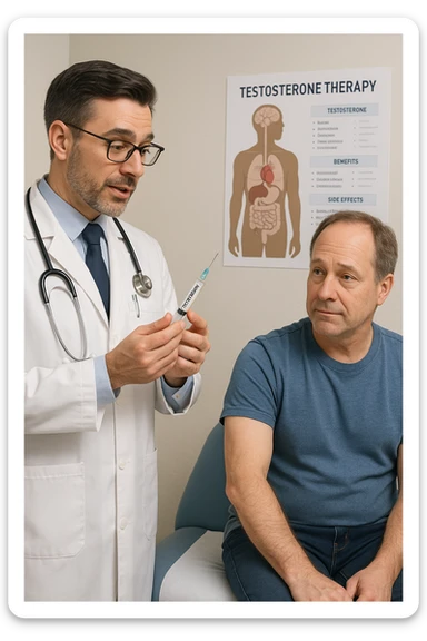 a doctor in a white coat prepares a syringe labeled “Testosterone” while a middle-aged man sits calmly on the examination table, sleeve rolled up and looking slightly apprehensive but trusting. The doctor explains the procedure, and a medical chart about testosterone therapy is visible in the background. The mood is professional and reassuring. sticker