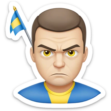 super-realistic angry Ukrainian with ukranian flag sticker