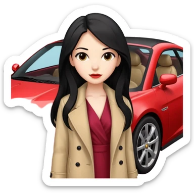 A fast, expensive black car with a young woman beside it The young woman has long black hair, wears a beige formal coat, and underneath is a cherry-colored dress.   sticker