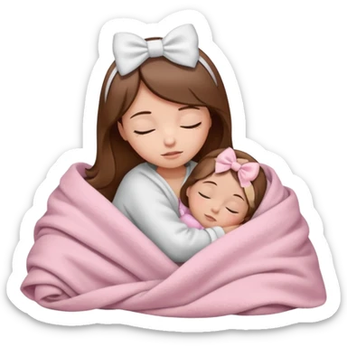 Sleeping child with brown hair wrapped in a light pink blanket with a white bow over the blanket sticker