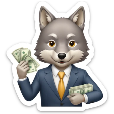 wolf in business suit holding money and stock charts sticker